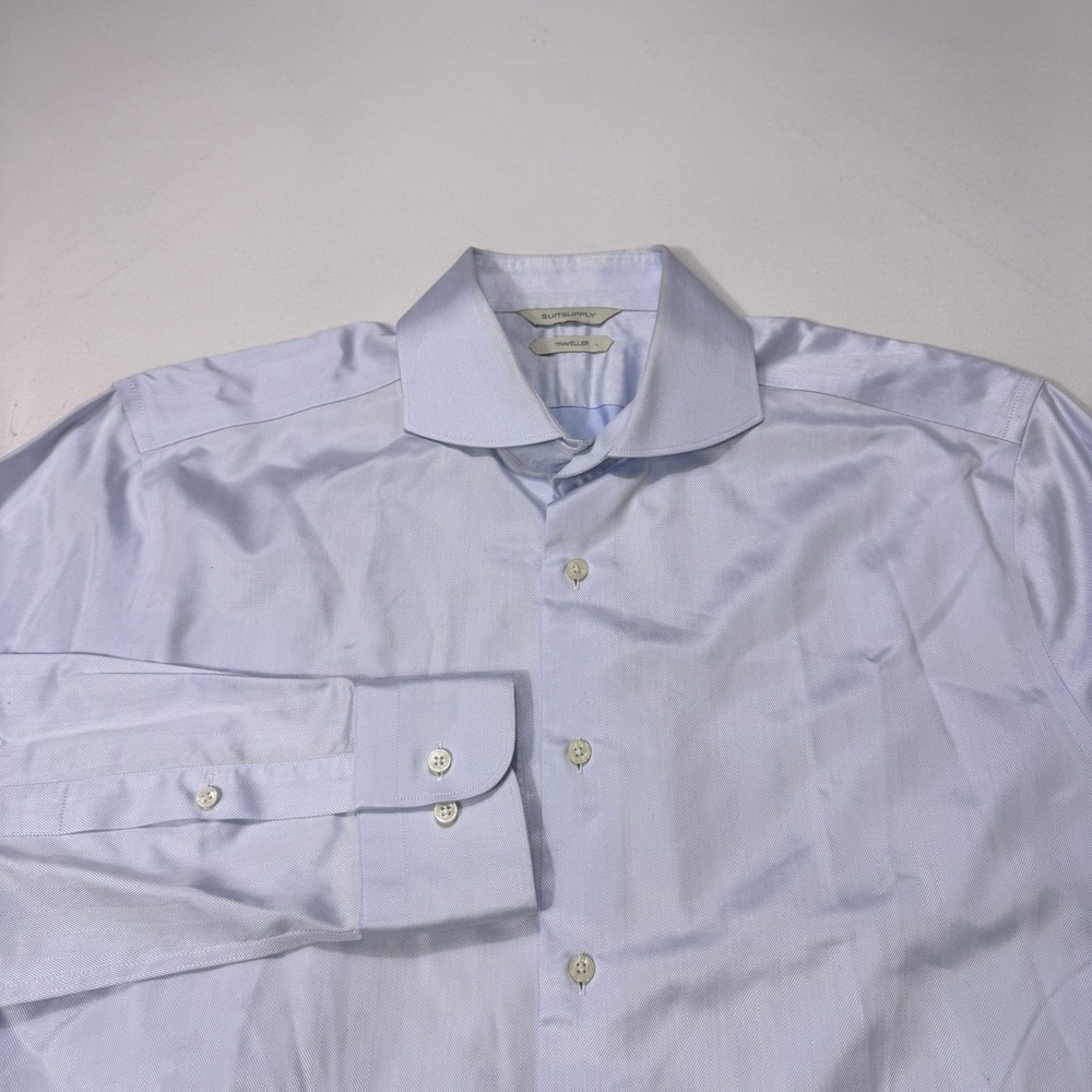 Suitsupply Traveller Mens 16.5 42 Light Blue Herringbone Cotton Dress Shirt